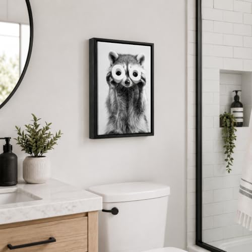 Framed Adorable Raccoon Bathroom Canvas Wall Art Toilet Paper Raccoon Wall Decor Pictures Funny Black and White Bathroom Animal Posters Prints for Restroom Home Decoration 12x16in — view 2