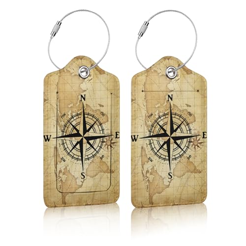 2 Pack Luggage Tag for Suitcases,Nautical Map World Compass Leather Luggage Tag Privacy Cover ID Label for Women Men Travel