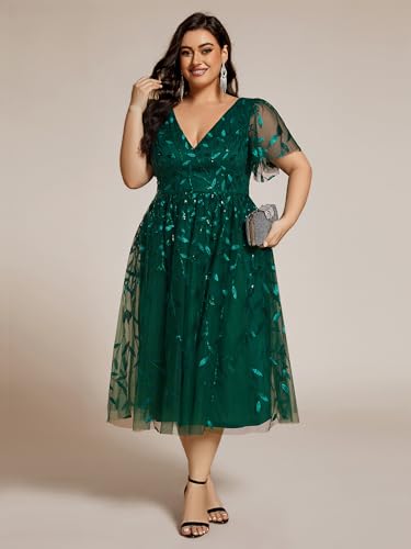 Image of Ever-Pretty Womens Embroidered Tulle Plus Size Cocktail Evening Party Dress A-Line Midi Wedding Guest Dresses for Curvy Women