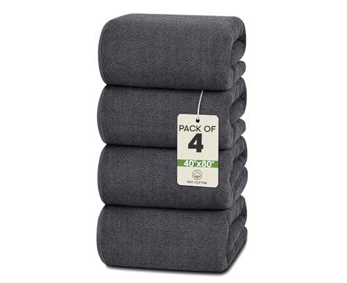 Hudson Comfort Bath Sheets 40x80 Set of 4 - Soft 100% Cotton 600 GSM Towel Set - Oversized Extra Large Bath Towels - Machine Washable and Quick-Drying - Loop for Hanging Included (Gray - 4 Pack)