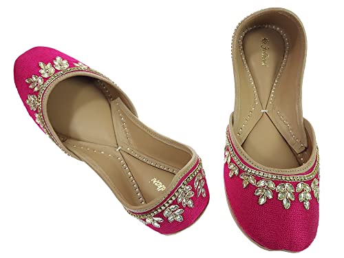 Image of Fulkari Women's Dolli Gold Genuine Soft Leather Embroidered Jutis | Bite and Pinch Free Jutti | Punjabi Formal Juttis | Girl's Wedding Flat Ladies Mojari | Formal Ethnic Juti |