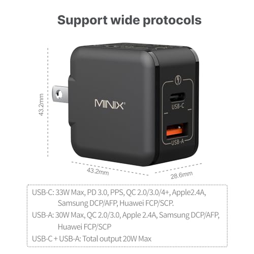 Image of MINIX P1 Mini 30W USB C Charger, 33W PPS 2-Port GaN Charger 1 USB-C Port, 1 USB-A Port with Foldable Plug, Compatible with iPhone 8-15 /16 Series, Galaxy S10-S23, Pad and More