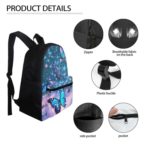 Dreaweet Girls Backpack with Lunch Box Blue Butterfly Bookbag with Lunchbox and Water Bottle Pocket & Pencil Case Kids School Bag Set 5th Grade Book Bag Lunch Bag Combo 4 in 13