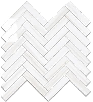 Vamos Tile Glossy Dolomite White Peel and Stick Backsplash Tile - 10 Sheets Herringbone PVC Self Adhesive Tiles Stick on Wall Tile for Kitchen, Bathroom and Fireplace