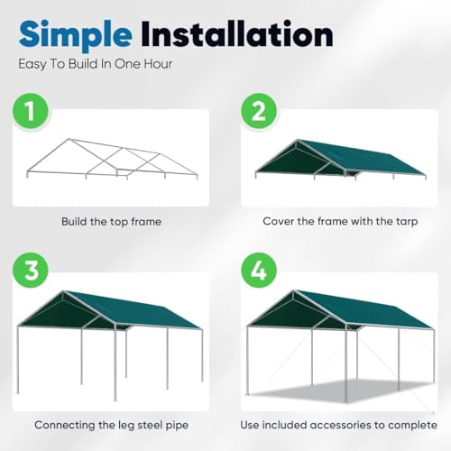 Image of Quictent 10x20 ft Heavy Duty Car Canopy Galvanized Frame Carport Outdoor Party Tent Boat Shelter with 3 Reinforced Steel Cables - Green