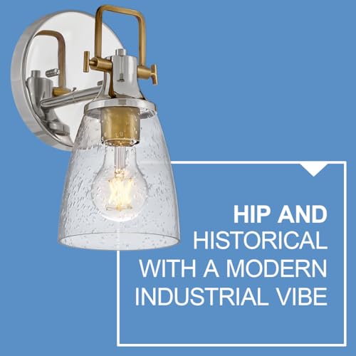 Image of Hinkley Easton 51270PN Single Light Bath Vanity Fixture, Modern Industrial, Clear Seedy Glass Shade, Mounts Up or Down, Polished Nickel and Heritage Brass