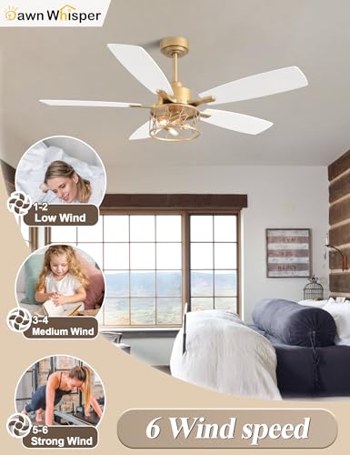 Image of Dawn Whisper 52 Inch Modern Farmhouse Ceiling Fans with Lights White and Gold Rustic Caged Ceiling Fan for Bedroom Living Room Quiet and Reversible DC Motor