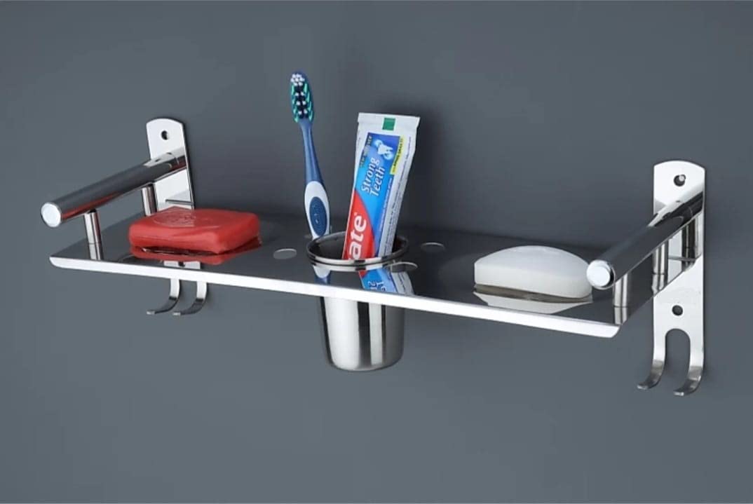 Stainless Steel Bathroom Wall Shelf (X-Small) | Single Layer Rack with Dual Soap Dish, Toothbrush & Tumbler Holder, Towel Hook | Rust-Free Multipurpose Organizer (Silver)