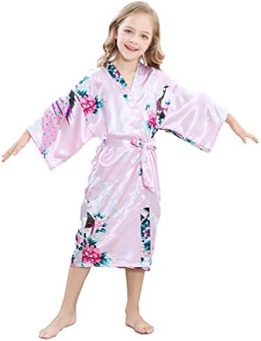 TIMSOPHIA Kids Satin Floral Kimono Robe-Flower Girl Bath Robe for Wedding Party Gift(Flower Purple,6)