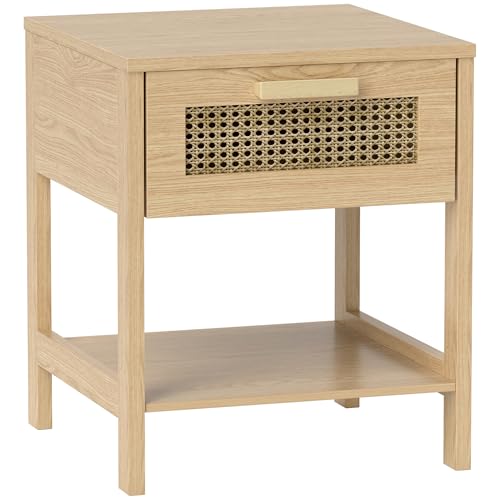 HOMCOM Nachttisch Beistelltisch mit Schublade, Ablage, Nachtschrank mit Rattan-Design Sofatisch für Schlafzimmer, Wohnzimmer, Natur 40 x 40 x 48,4 cm HOMCOM Nachttisch Beistelltisch mit Schublade, Ablage, Nachtschrank mit Rattan-Design Sofatisch für Schlafzimmer, Wohnzimmer, Natur 40 x 40 x 48,4 cm