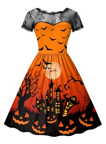 For G and PL Halloween Damen Tief Rückenausschnitt Schwarz Spitzenkrägen Party Kleid Knielang Cocktailkleid Orange XL