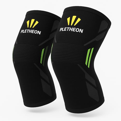 Image of PLETHEON Knee Cap for Pain Relief Men & Women | Compression Knee Support for Gym, Sports & Running | Anti-Slip, Breathable & Sweat-Free Knee Brace for Joint Pain & Injury Recovery (BLACK-GREEN, XXL)