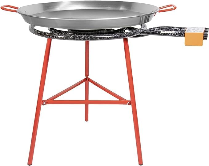 ZENDEU IBIZA SET - Paella Pan Set 25 Servings -3 Ring Propane Gas burner mod. 600 + Polished Paella Pan 28 Inch (70cm). + 3 Reinforced tripod legs