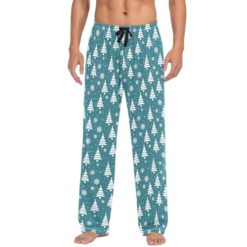 Mens Cotton Pajama Pants Sleep Lounge Pj Bottoms Sleepwear with Pockets Drawstring S White Snowflake Tree2