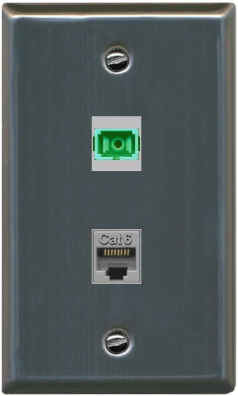 RiteAV 1 Port Fiber Optic Jack SC Simplex APC + Cat6 Wall Plate - Flat Style [Stainless Steel]