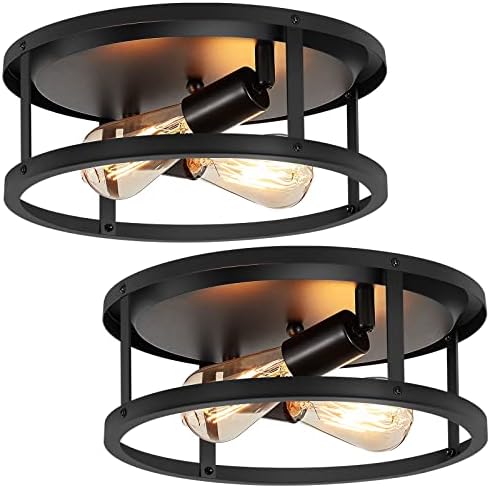 XPEHK 2 Pack Flush Mount Ceiling Light,13 Inch Industrial Farmhouse Ceiling Light Fixture,2-Light Matte Black Flush Mount Light Fixture for Kitchen Dining Room Entryway Hallway,E26 Base