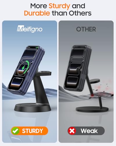 Image of Meifigno 3 in 1 Magnetic 15W Charging Station for Apple Multiple Devices | Wireless Charger Design for MagSafe, for iPhone 17-12 Series, Watch Charger Stand for Apple Watches & Airpods, with Adapter