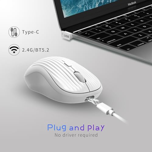 Image of ONE-UP Wireless Mouse, 2.4G + BT, Rechargeable Battery, 4-Key, DPI: 800 /1200 /1600, Silent, Type-C, USB Nano Receiver, Ergonomic, Portable, for Laptop, Chromebook, PC, Mac, Windows (White)