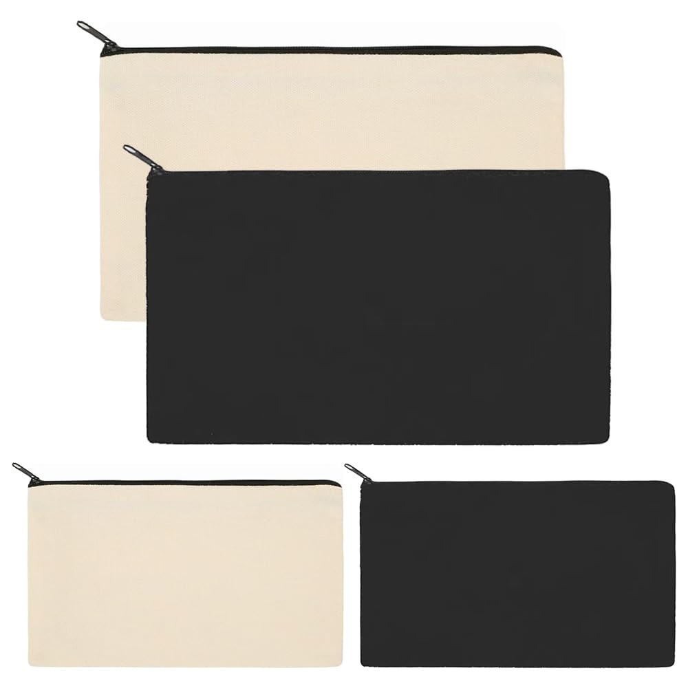 TRKETK 4 Pcs Canvas Makeup Bags, Multi-Purpose Pure Canvas Pencil Case Small Cosmetic Handbag with Zipper DIY Craft Pencil Case Makeup Pen Bag for Travel School Toiletry Storage (Black+ Beige)