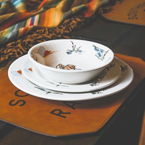 Image of Paseo Road Ranch Life 16 Piece Ceramic Dinnerware Set with Plates, Bowls, Coffee Mugs, Duffle Bag, Cow Longhorn Horse Cowboy Pattern, Southwestern Rustic Cabin Lodge Style