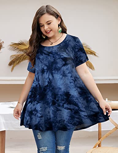 Monnuro Womens Short Sleeve Casual Loose Fit Flare Swing Tunic Tops Basic T-Shirt Plus Size(Tie Dye Blue,3X) #TOP2