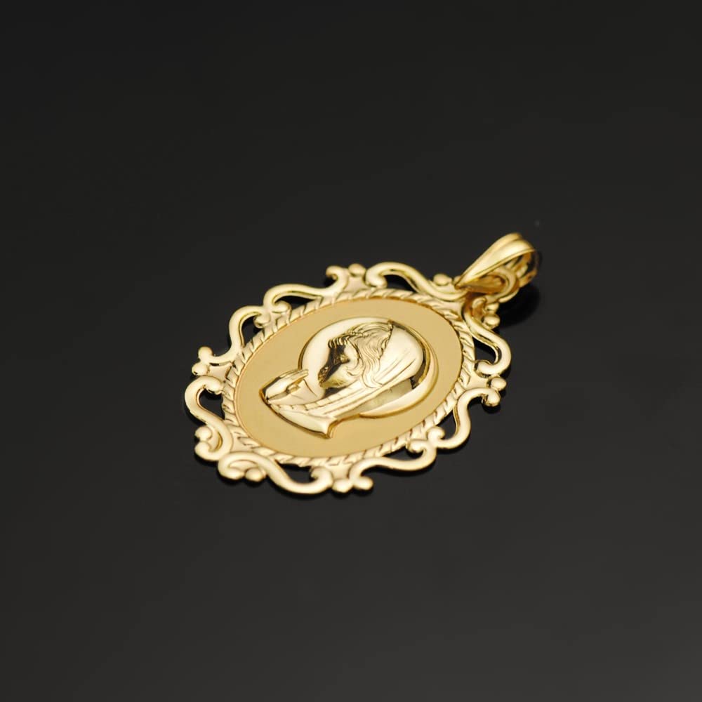 Virgen Niña medalla oro 18k Primera Comunión colgante 31mm. ovalada borde detalles calados - Personalizable - GRABACIÓN INCLUIDA EN EL PRECIO