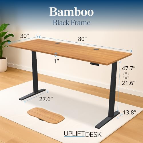 Image of UPLIFTDESK Bamboo (80 x 30 inch) Standing Desk 2-Leg V3 Adjustable Stand Up C-Frame (Black), Advanced Keypad, Wire Grommets, Wire Tray, Rocker Board