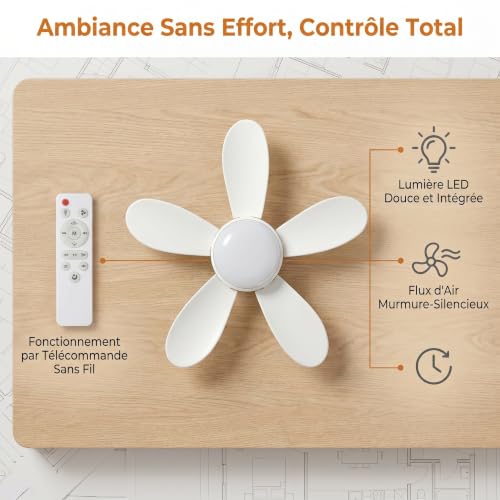 Yagerod Baugmann Ventilateur Plafond, Baugmann Ventilateur De Plafond Avec Lumière Et Télécommande, 3 Couleurs,40w | 52cm Plafonnier Ventilateur Silencieux 6 Pales, 3 Vitesses, Dimmable LED (C) – vue 4