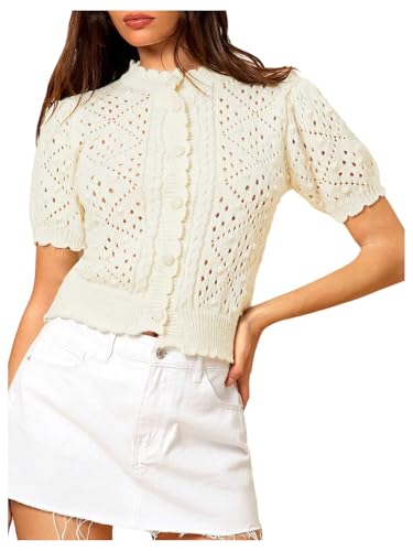 Verdusa Women's Puff Short Sleeve Button Down Cardigan Scalloped Hollow Out Crochet Sweater