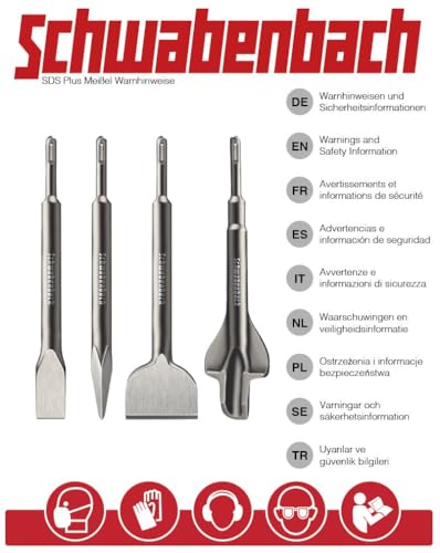 SCHWABENBACH® SDS Plus Meißel Set 3-tlg. 250mm – Fliesenmeißel 40mm extra langer Kopf, Flachmeißel 25mm, Spitzmeißel – SDS Meißel für Bohrhammer