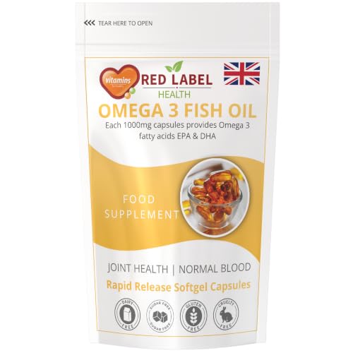 Red Label Health Omega 3 Fish Oil 1000mg Pack of 360 Soft Gel Capsules (1 Year Supply) Double Strength 180mg EPA and 120mg DHA Supports Eye Heart & Brain Health for Men & Women - UK Made