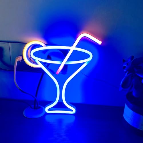 Image of Neon Cocktails Sign, LED Wine Glass Light - Dual Powered Bar Neon Night Lamp for Wall Decor, Club, Restaurant, Shop