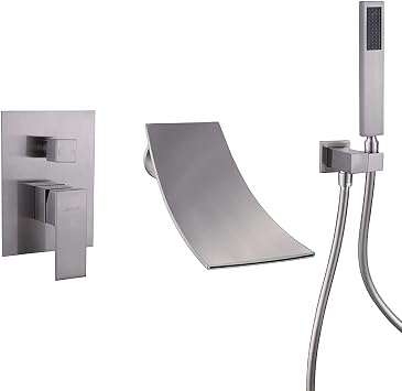 Wall Mount Bathtub Faucet with Handheld Shower, Brushed Nickel Single Handle Bathroom Waterfall Tub Filler Solid Brass Tub Shower Faucet Set Rough-in Valve Trim Kit