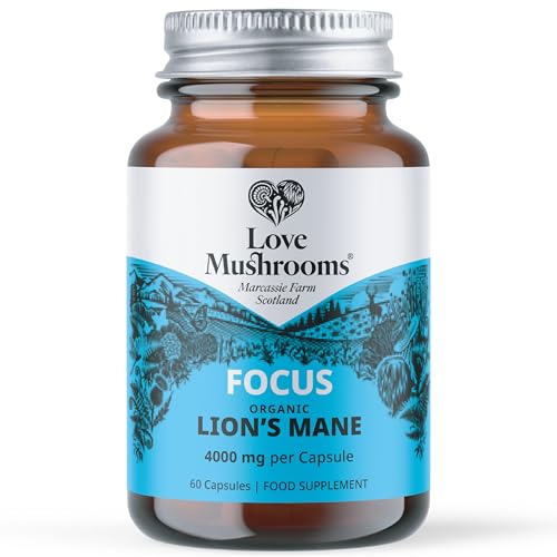 Love Mushrooms - Organic Lion's Mane Capsules - Deep Focus - 60,000mg - Lions Mane Supplement for Memory and Focus Support - Vegan and Made in The UK - Natural Colours and Flavours - 60