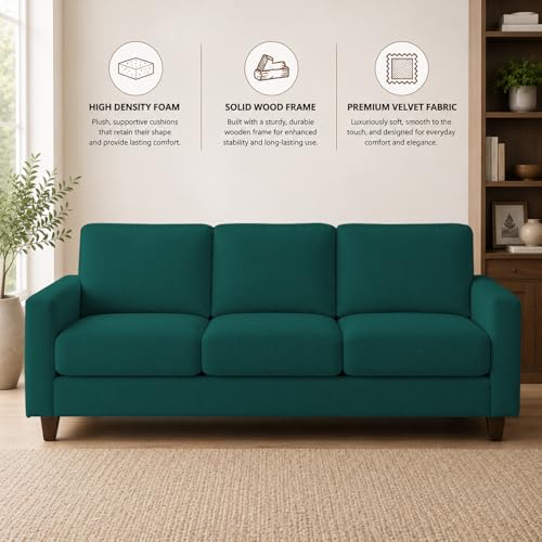 Image of Casaliving Gladino Modern Velvet Fabric Sofa, Tufted Design Upholstered 3 Seater Sofa Set for Living Room, Premium Velvet Fabric Sofa (Pine)