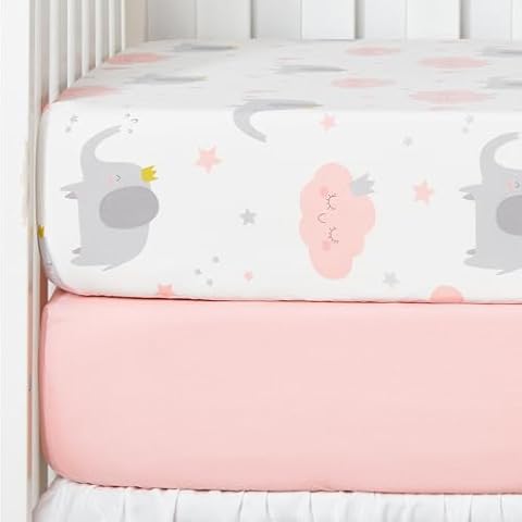 TILLYOU 2 Pack Fitted Crib Sheet Set - 100% Natural Cotton Toddler Bed Mattress Sheets,Standard 28”x 52”, Elephants Clouds&Pink Cover