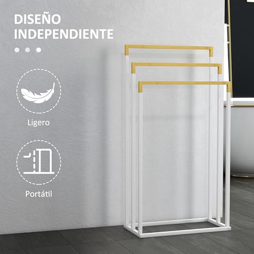 Miniatura 5 de Kleankin Toallero Escalera De 3 Niveles Toallero De Pie Con 3 Barras De Bambú Y Marco De Acero Toallero Para Baño Lavadero 45x22,5x86 Cm Blanco Y Natural