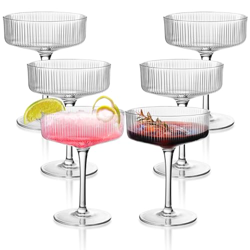 Montex 6 Pcs Ribbed Coupe Glasses, 7.5 oz Classic Vintage Cocktail Galssware, Pefect for Cocktail, Champagne and Gift