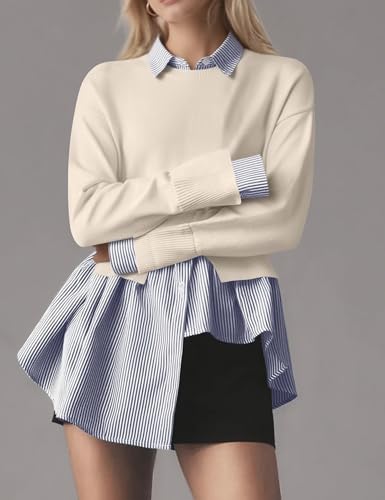 MISSACTIVER Women’s Lapel Collar Slit Patchwork Sweater 2 in 1 Button Down Knit Pullover Asymmetrical Hem Striped Shirt2