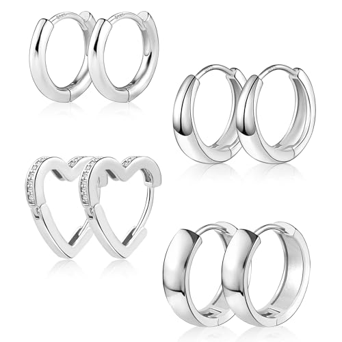 ALEXCRAFT Pendientes de aro de plata 925 con corazón, 4 pares de pendientes de aro de plata 925, pendientes de aro pequeños, chapados en oro de 14 quilates, pendientes de cartílago en forma de