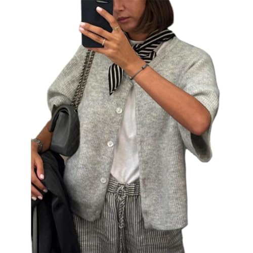 Women Knitted Crop Cardigan Shirt Short Sleeve Y2k Button up Knit Cute Going Out Sweaters