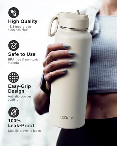 Image of Coolflask 40 oz Water Bottle Insulated with Straw & 3 Leakproof Lids