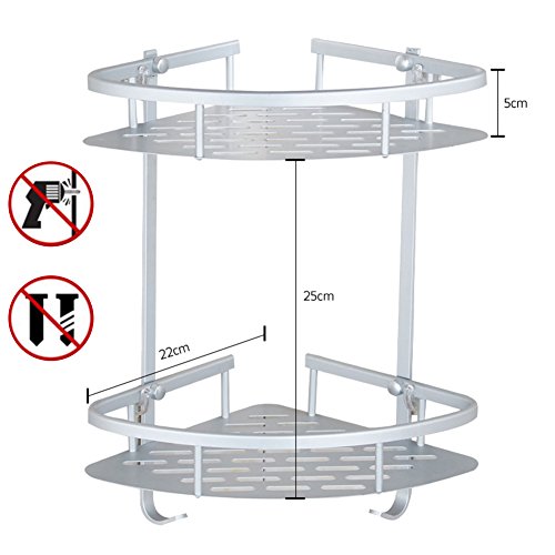 Organizador estantería esquinero adhesivo de 1, 2, 3 pisos de ducha con cesta de aluminio, organizador con ganchos, accesorios de baño triangulares, 2 estantes