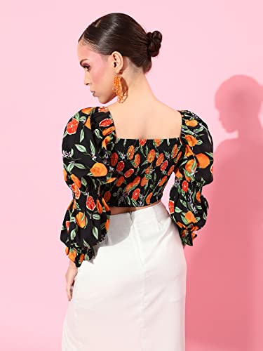 Image of Style Quotient Black & Orange Print Sweetheart Neck Bishop Sleeves Crop Top