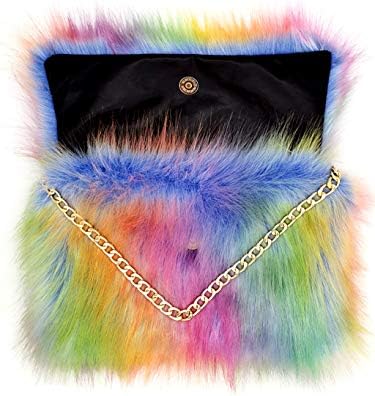 FHQHTH Faux Fox Fur Purse Fuzzy Handbags for Women Foldover Evening Bags Al alloy Shoulder Strap [Rainbow colors]