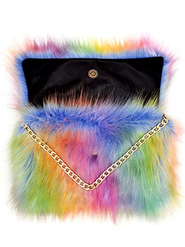Fhqhth Faux Fox Fur Purse Fuzzy Handbags For Women Foldover Evening Bags Al Alloy Shoulder Strap [Rainbow Colors] #TOP21