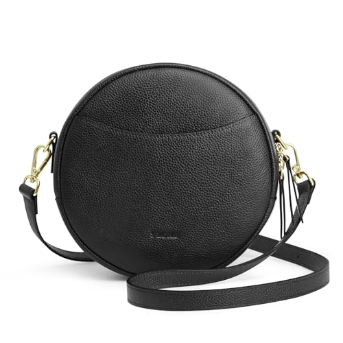 S-ZONE Leather Crossbody Bags for Women Vintage Circle Shoulder Purse Trendy Round Handbag with Adjustable Strap