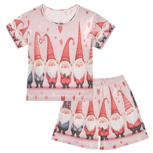 ALAZA Gnomes Valentines Heart Love Pajamas Set Short Sleeve Cotton Sleepwear Summer Pjs 2 Piece 5-14Y