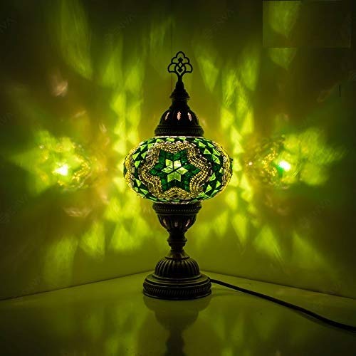 Turkish Moroccan Style Mosaic Multicoloured Desk Table Lamp, Bronze Base, Unique Light Large Globe (Green Star)
