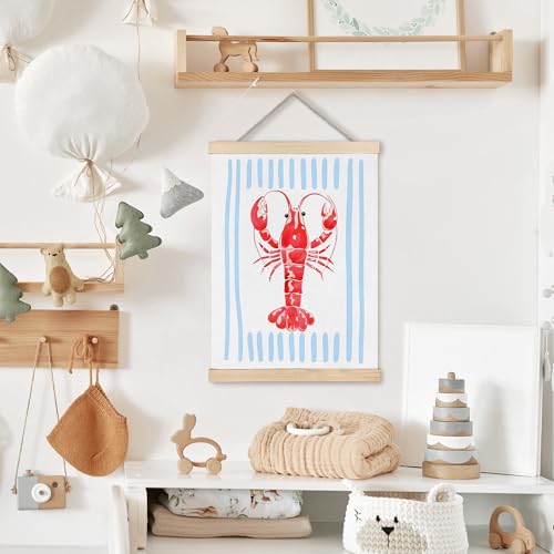 Image of PQKIY Coastal Beach Lobster Wall Art Poster Hanger Frame 12x16 in, Summer Watercolor Nautical Beach Seafood Blue Striped Aesthetic Wall Decor Canvas Prints for Home Kitchen Dining Room